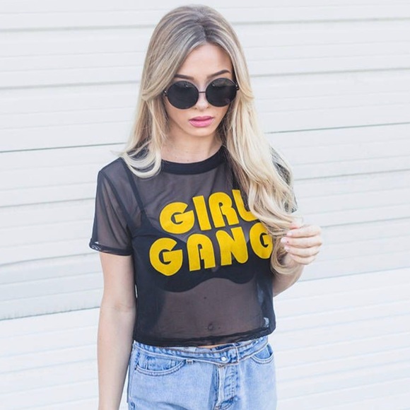 Forever 21 Tops - 🎉Host Pick🎉Forever 21 Black & Yellow Girl Gang Sheer Mesh Crop Top